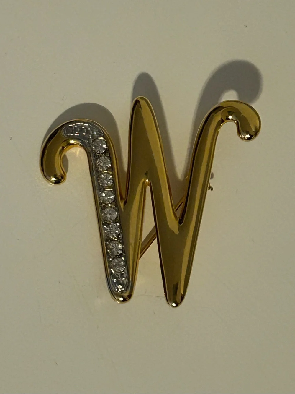 Initial Brooch Rhinestone: Gold Tone Cursive Letter M or W Brooch Pin Bag Pin